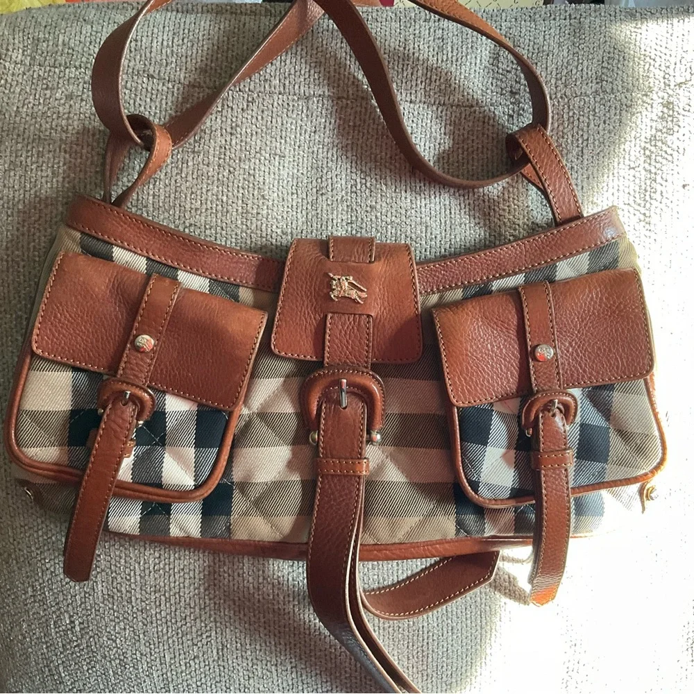 BURBERRY Satchel Canvas Check Shoulder Bag Caramel - Picture 7 of 15